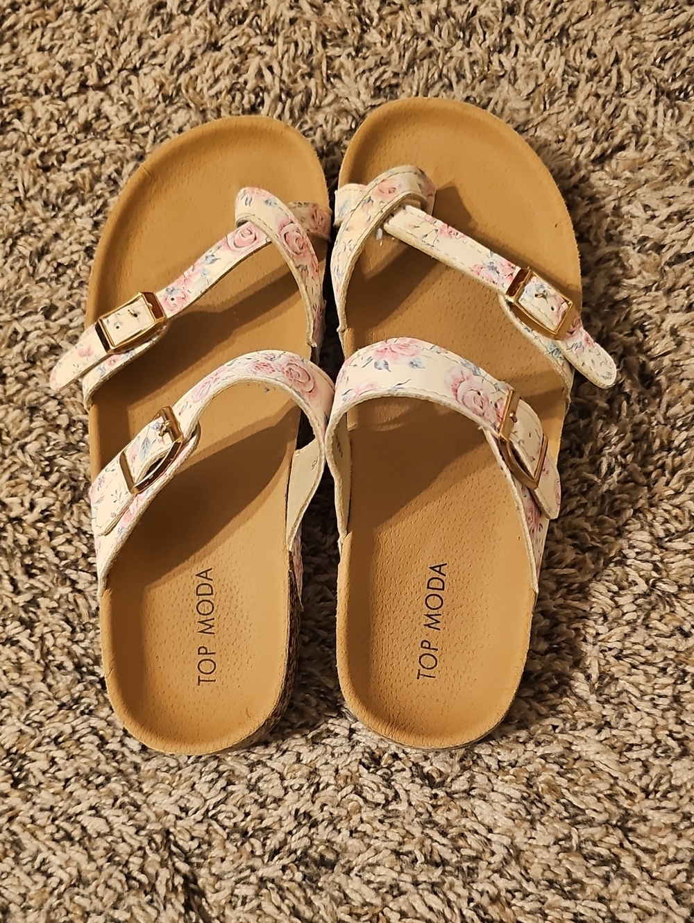 TOP Moda Floral Buckle Sandals in White and Tan